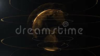 抽象粒子。 金色的，橙色的行星里面的面纱，由点组成。 背景上的小白点